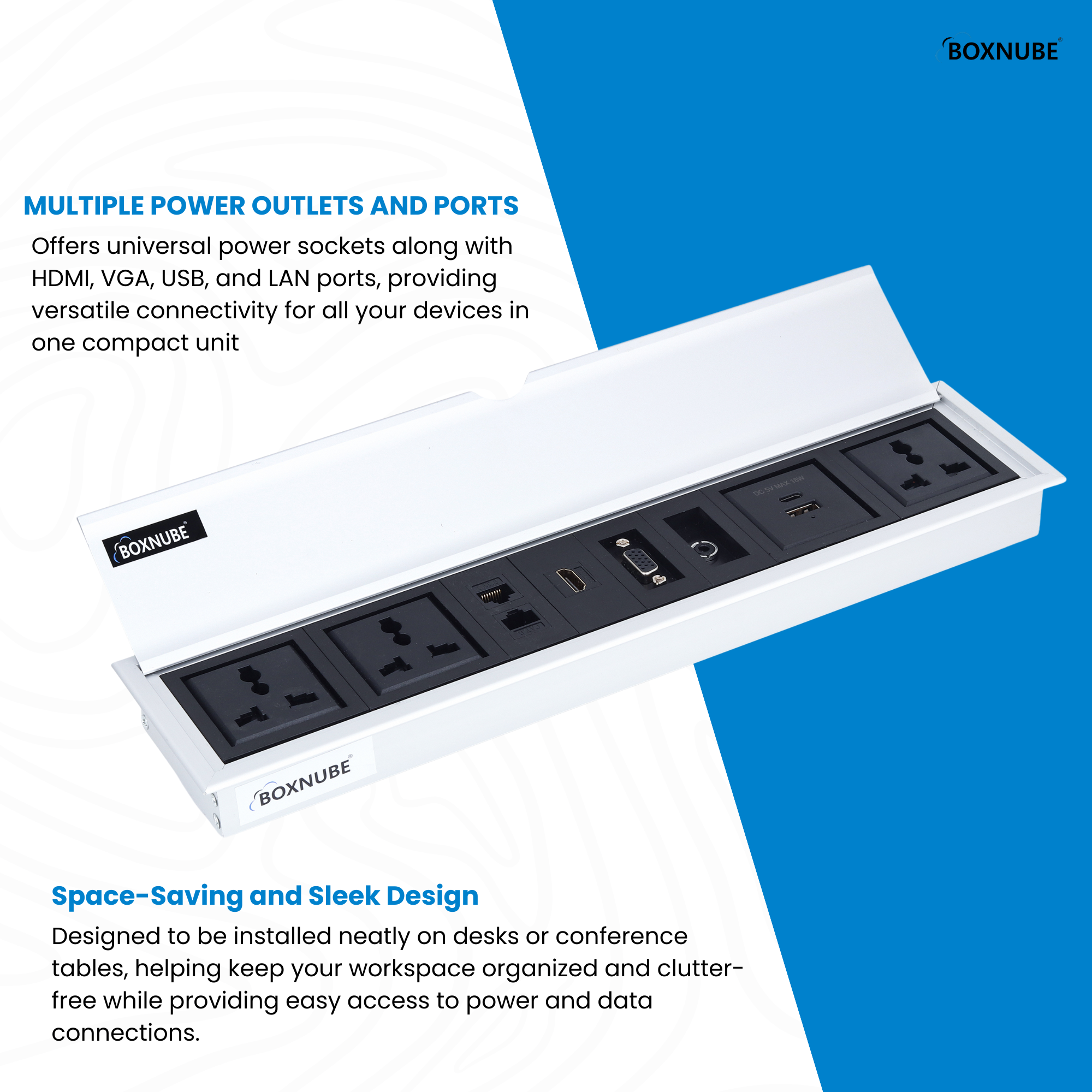 BOXNUBE Fliptop Box Cable Cubby Extension Board with On/Off Switch, Universal Power Sockets, LAN , HDMI , VGA , Aux , USB-A Ports BOXNUBE Fliptop Box Cable Cubby Extension Board with On/Off Switch, Universal Power Sockets, LAN , HDMI , VGA , Aux , USB-A Ports